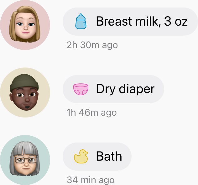 Feed view with entries from multiple caregivers