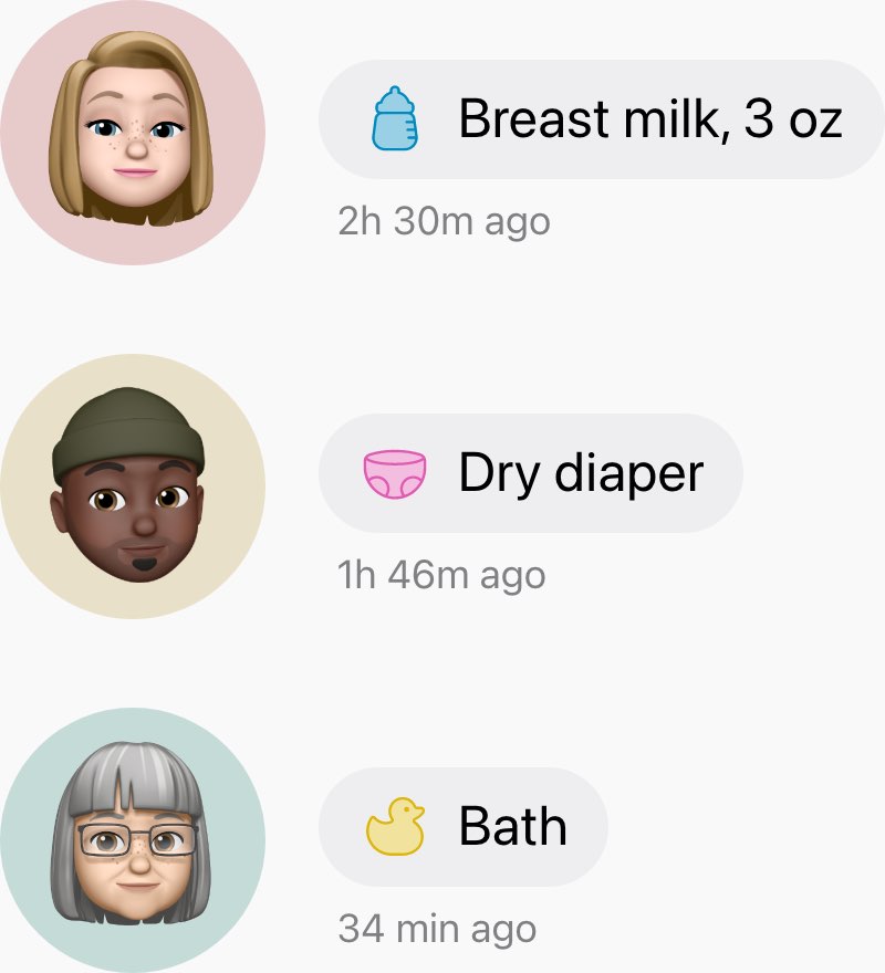 Feed view with entries from multiple caregivers